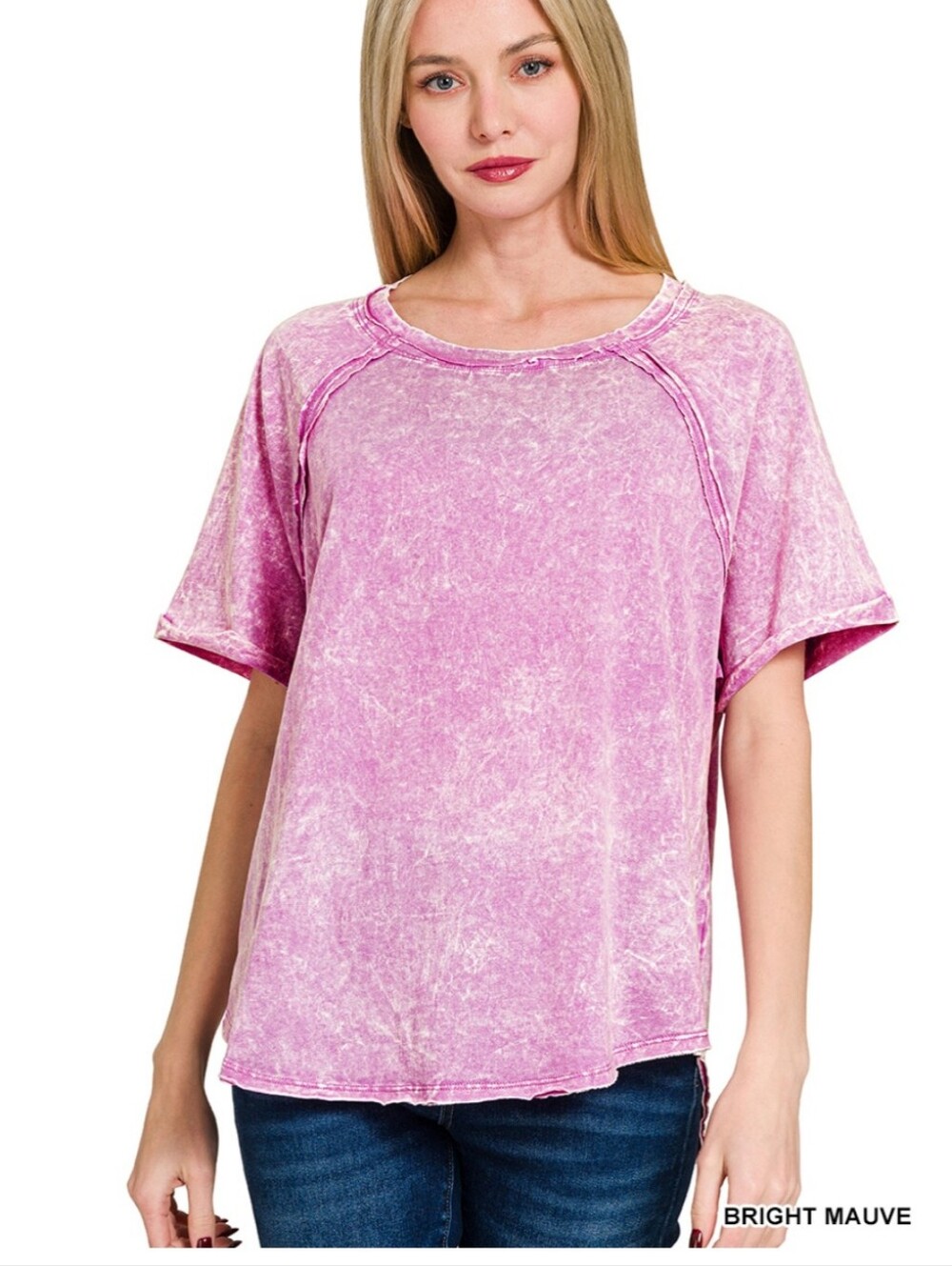 New Zenana Bright Mauve Acid Washed Raglan Top
